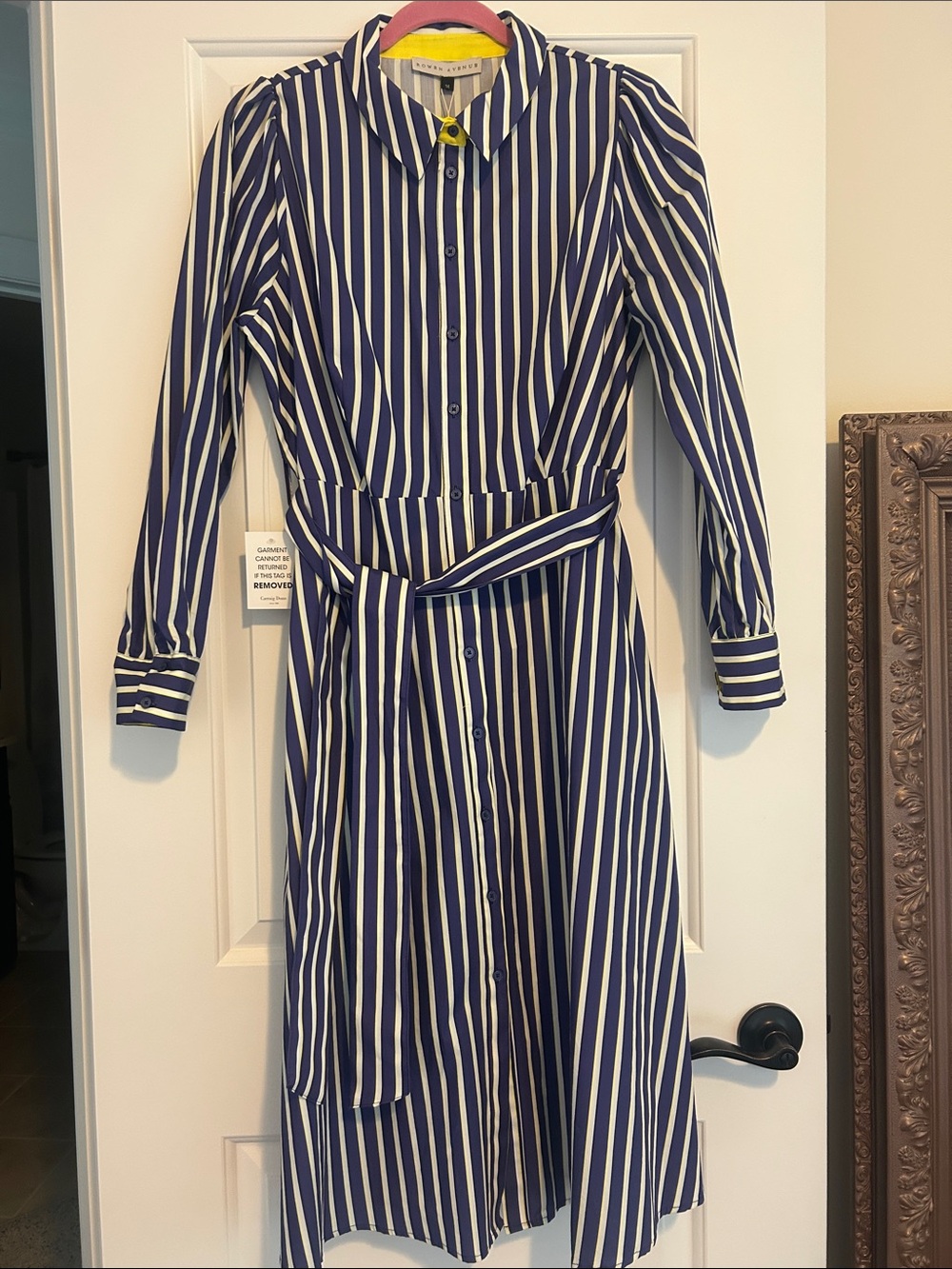 Striped Blue Yellow and White Midi Shirt Dress with Self Tie